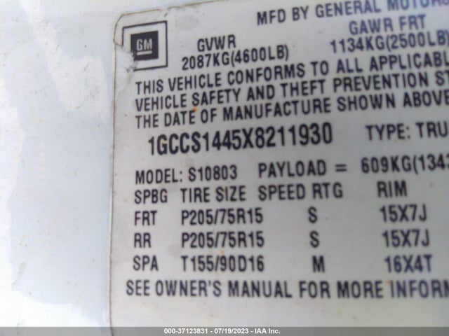 2000 GMC SONOMA SL VIN: 1GTCS19WXYK197392