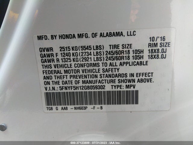 Honda PILOT LX 2016 5FNYF5H12GB059302 Image 9