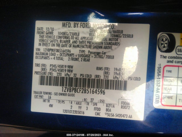 2011 FORD MUSTANG GT VIN: 1ZVBP8CF2B5164596
