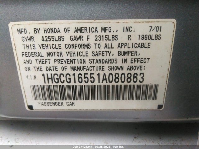 2001 HONDA ACCORD SDN EX W/LEATHER VIN: 1HGCG16551A080863
