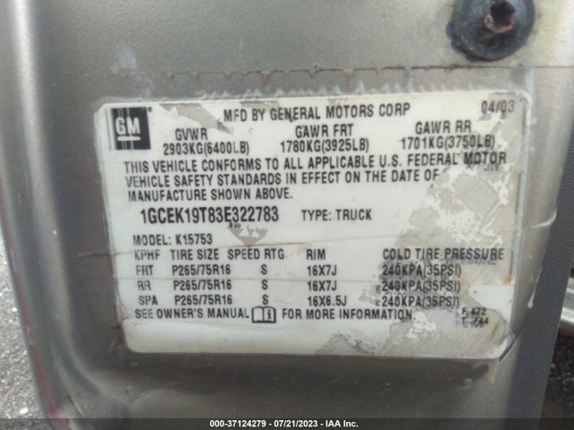 2003 CHEVROLET SILVERADO 1500 LS VIN: 1GCEK19T83E322783