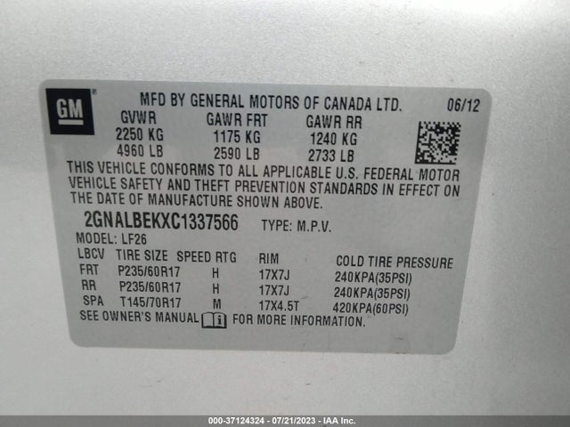 2012 CHEVROLET EQUINOX LS VIN: 2GNALBEKXC1337566