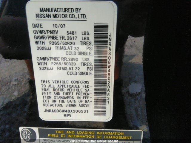 37124502 :رقم المزاد ، JNRAS08W48X206531 vin ، 2008 Infiniti Fx35 مزاد بيع