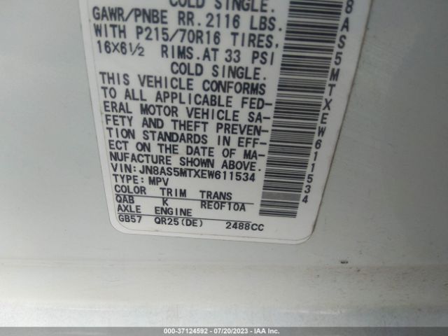JN8AS5MTXEW611534 Nissan Rogue Select S