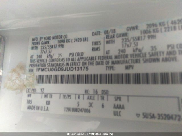 1FMCU0GD9JUD13175 Ford ESCAPE SE