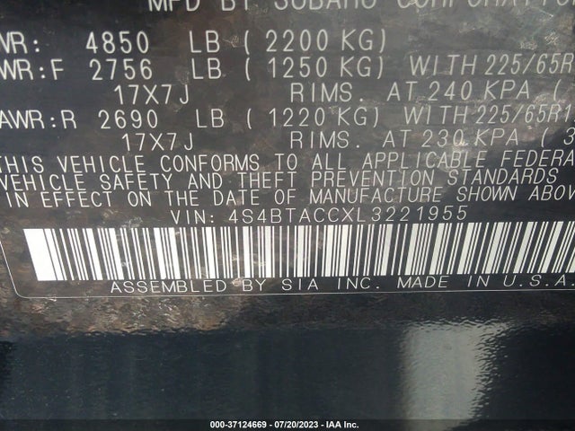 2020 SUBARU OUTBACK PREMIUM VIN: 4S4BTACCXL3221955