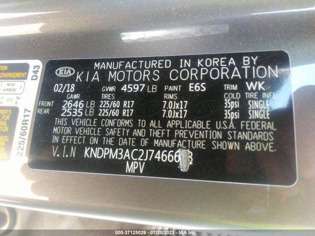 2018 KIA SPORTAGE LX VIN: KNDPM3AC2J7466633