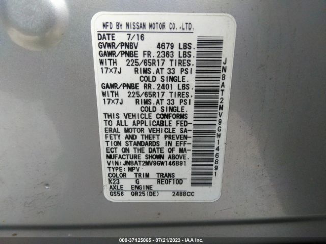 JN8AT2MV9GW146891 Nissan ROGUE S