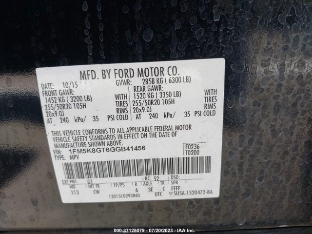 Ford EXPLORER SPORT 2016 1FM5K8GT6GGB41456 Image 9