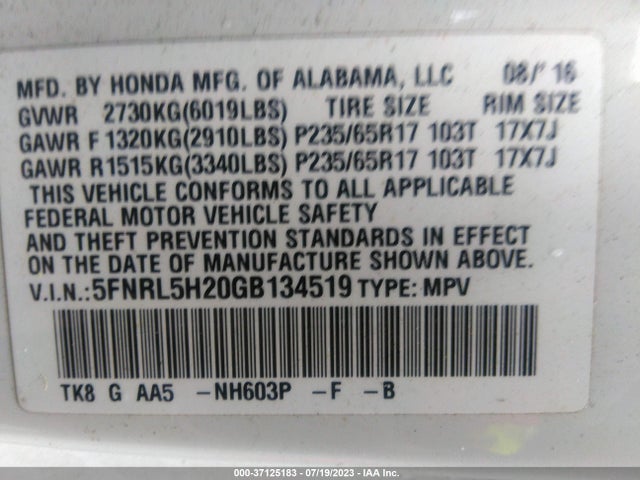 Honda ODYSSEY LX 2016 5FNRL5H20GB134519 Image 9