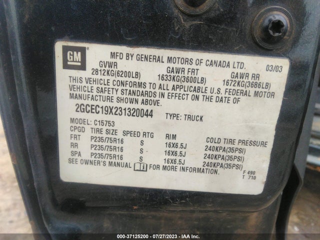 2003 CHEVROLET SILVERADO 1500 WORK TRUCK VIN: 2GCEC19X231320044