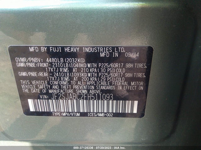 2015 SUBARU FORESTER 2.5I VIN: JF2SJABC2FH511093