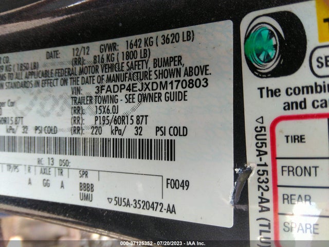 2013 FORD FIESTA SE VIN: 3FADP4EJXDM170803