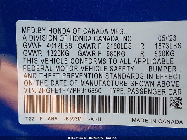 2023 HONDA CIVIC SEDAN EX VIN: 2HGFE1F77PH316850