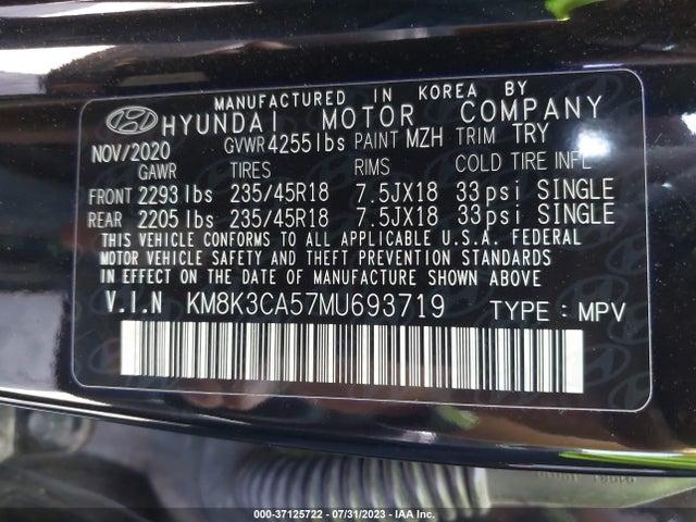 2021 HYUNDAI KONA LIMITED VIN: KM8K3CA57MU693719