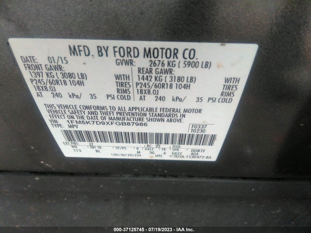Ford EXPLORER XLT 2015 1FM5K7D9XFGB87986 Image 15