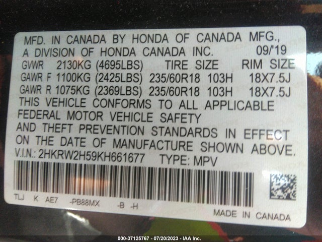 Honda CR-V EX 2019 2HKRW2H59KH661677 Image 9