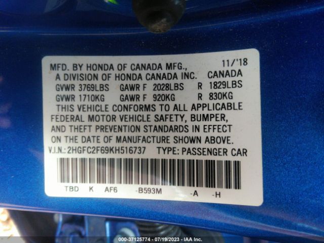 2HGFC2F69KH516737 Honda Civic Sedan Lx
