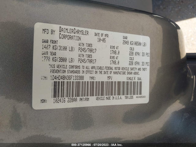 2006 DODGE DURANGO SLT VIN: 1D4HD48N36F133388