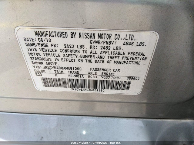 37126047 :رقم المزاد ، JN1CV6AR0AM461260 vin ، 2010 Infiniti G37 Sedan X مزاد بيع