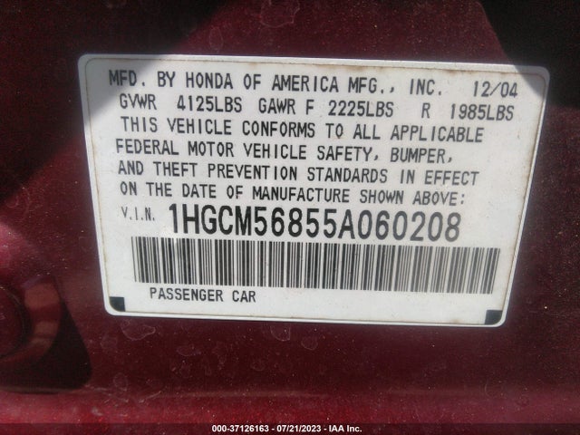 2005 HONDA ACCORD SDN EX-L VIN: 1HGCM56855A060208