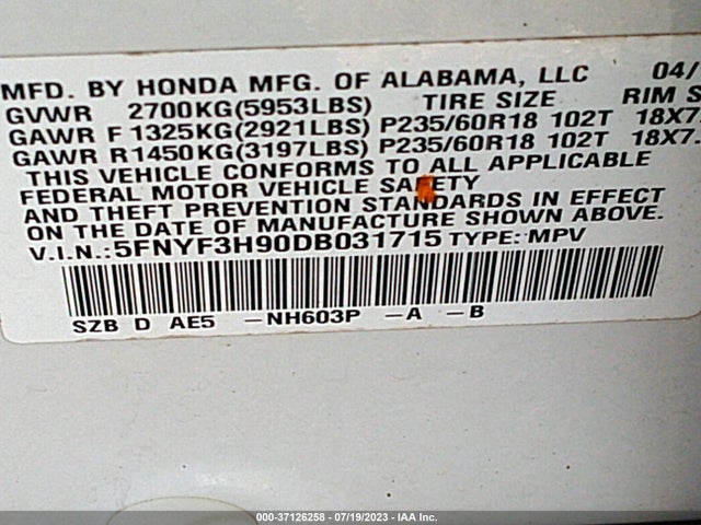 2013 HONDA PILOT TOURING VIN: 5FNYF3H90DB031715