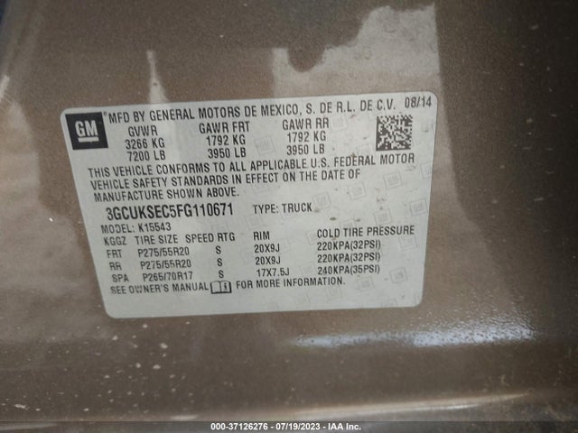 2015 CHEVROLET SILVERADO 1500 LTZ VIN: 3GCUKSEC5FG110671