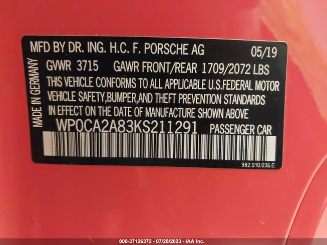 2019 Porsche 718, VIN: WP0CA2A83KS211291