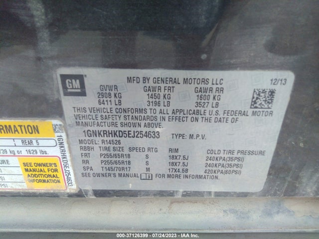 Chevrolet Traverse Lt 2014 1GNKRHKD5EJ254633 Image 9