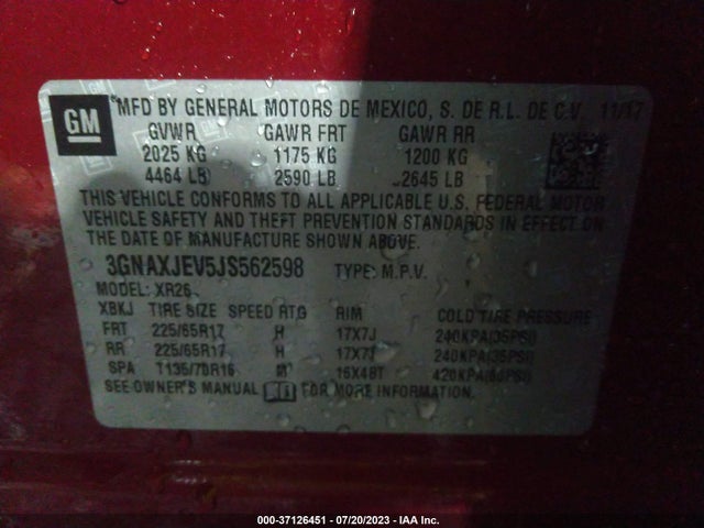 2018 CHEVROLET EQUINOX LT VIN: 3GNAXJEV5JS562598