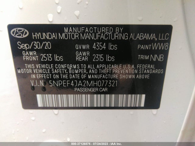 2021 HYUNDAI SONATA SEL VIN: 5NPEF4JA2MH077321