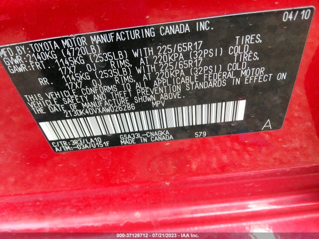 2010 TOYOTA RAV4 LTD VIN: 2T3DK4DVXAW026286