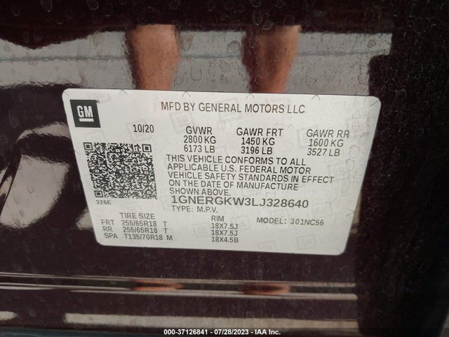 Chevrolet Traverse Lt Cloth 2020 1GNERGKW3LJ328640 Image 9