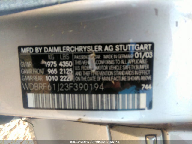 2003 MERCEDES-BENZ C-CLASS 2.6L VIN: WDBRF61J23F390194