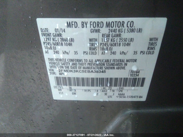 2014 FORD EDGE LIMITED VIN: 2FMDK3KC5EBA38345