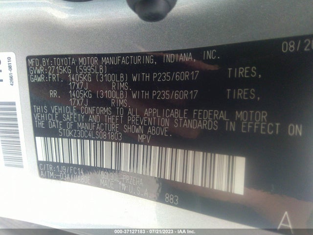 2020 TOYOTA SIENNA LE VIN: 5TDKZ3DC4LS081803