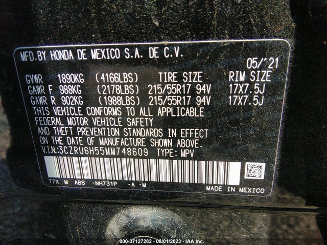 2021 HONDA HR-V EX VIN: 3CZRU6H55MM748609