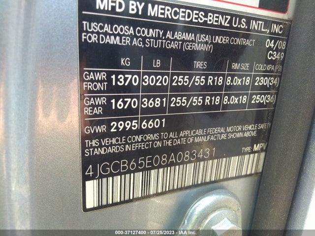 2008 MERCEDES-BENZ R-CLASS 3.5L VIN: 4JGCB65E08A083431