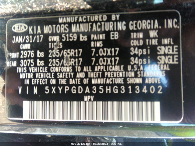 2017 KIA SORENTO LX VIN: 5XYPGDA35HG313402