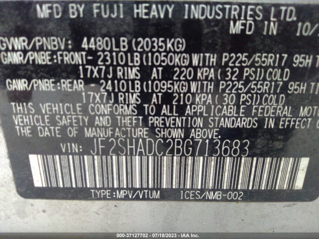 2011 SUBARU FORESTER 2.5X PREMIUM VIN: JF2SHADC2BG713683