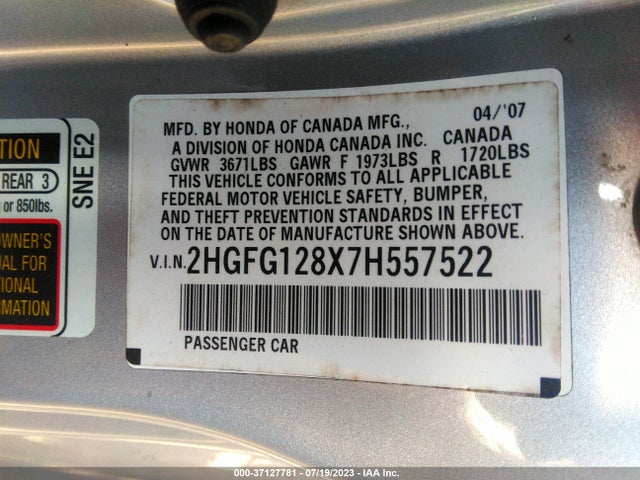 2007 HONDA CIVIC CPE EX VIN: 2HGFG128X7H557522
