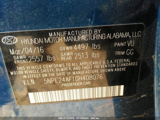 Hyundai Sonata 2.4l 2016 5NPE24AF1GH408076 Image 9