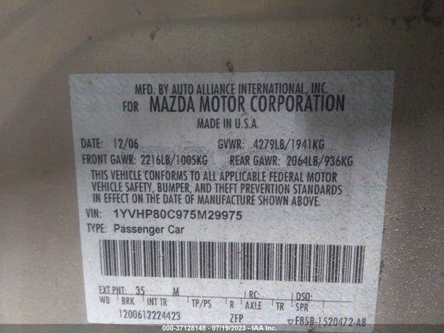 2007 MAZDA MAZDA6 I SPORT VE VIN: 1YVHP80C975M29975