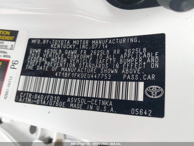2014 TOYOTA CAMRY L/LE/XLE/SE/SE SPORT VIN: 4T1BF1FK0EU447753