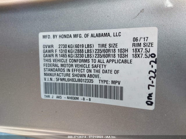Honda Odyssey Touring 2018 5FNRL6H83JB012335 Image 9