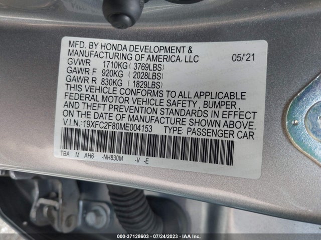 2021 HONDA CIVIC SEDAN SPORT VIN: 19XFC2F80ME004153