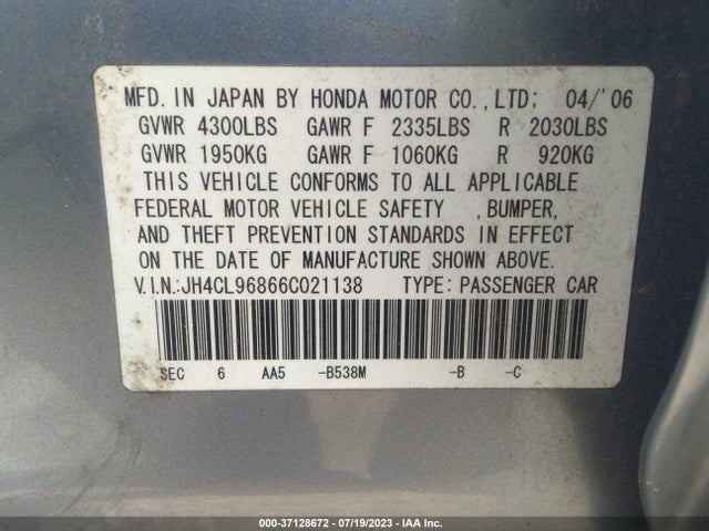 2006 ACURA TSX VIN: JH4CL96866C021138