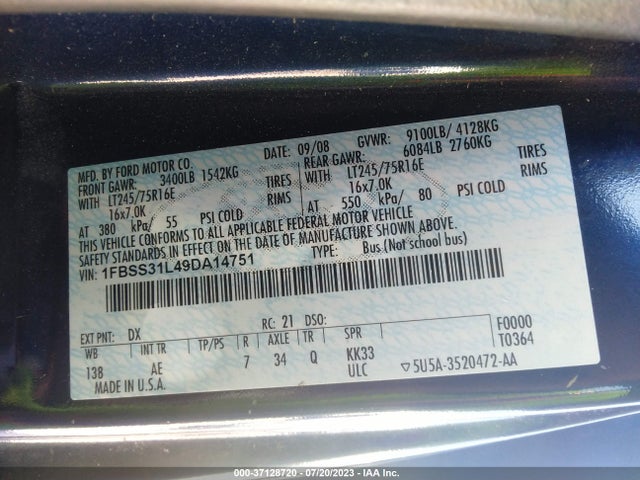 2009 FORD E-350 SUPER DUTY XL VIN: 1FBSS31L49DA14751