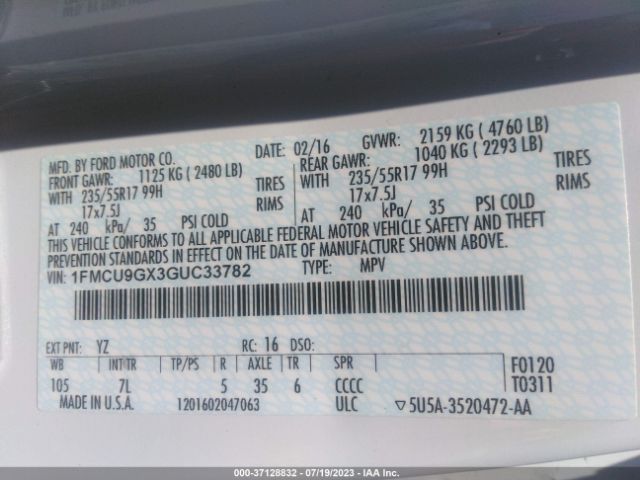 1FMCU9GX3GUC33782 Ford ESCAPE SE