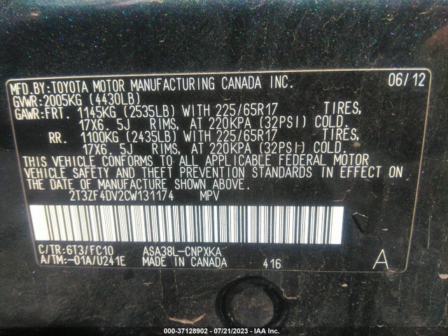 2012 TOYOTA RAV4 VIN: 2T3ZF4DV2CW131174